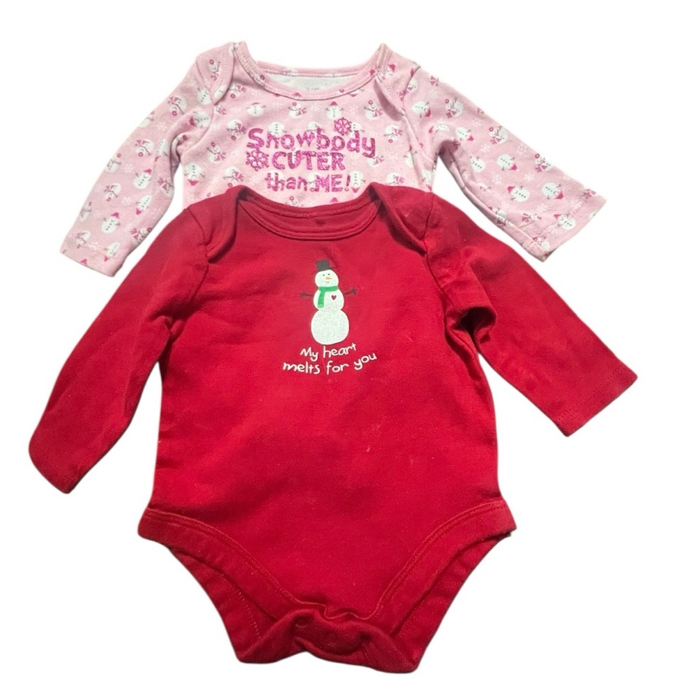 Lot of 2 Holiday Snowman Baby Bodysuits Long Sleeve Creepers Size 0-3 Months
